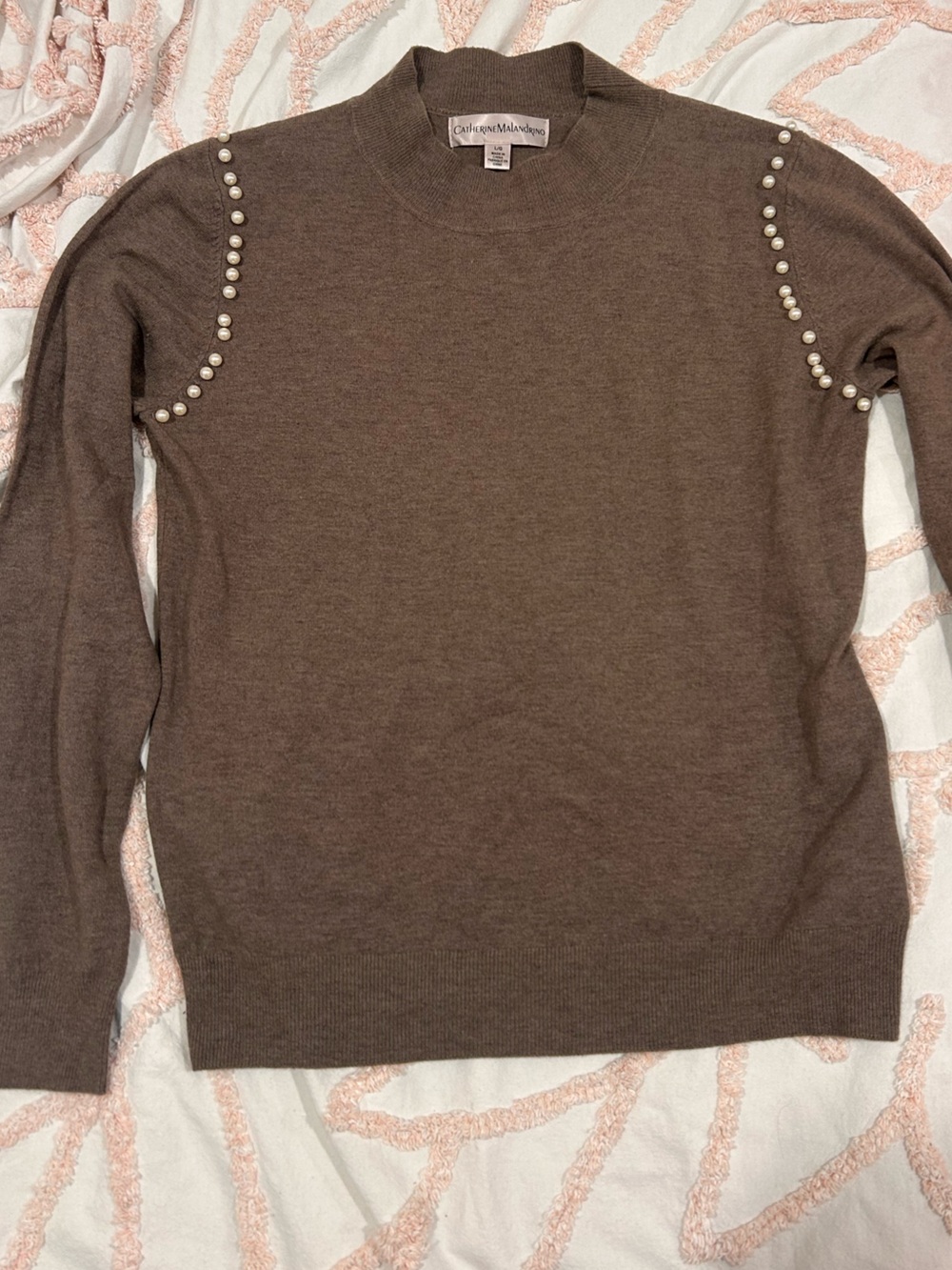 Catherine Malandrino Brown Crewneck Sweater with Pearl Accents